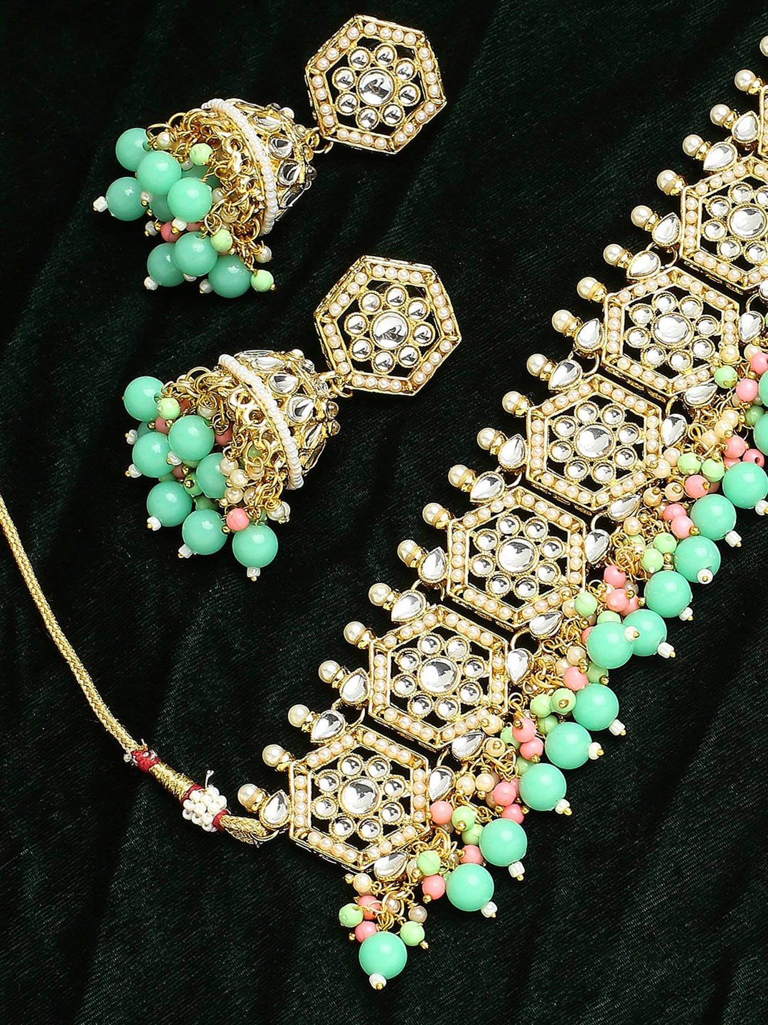 OOMPH Mint Green & Pink Stone & Kundan Ethinc Choker Necklace Set with Jhumka Earrings