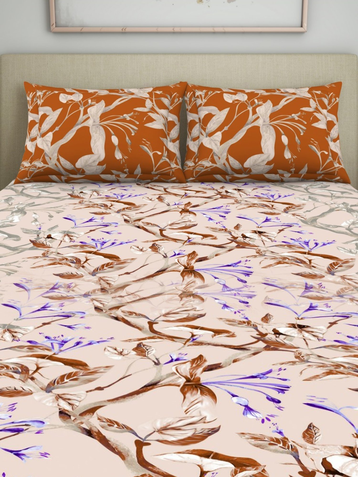 Welspun Brown 144 TC Cotton Queen Bed Sheet with 2 Pillow Covers