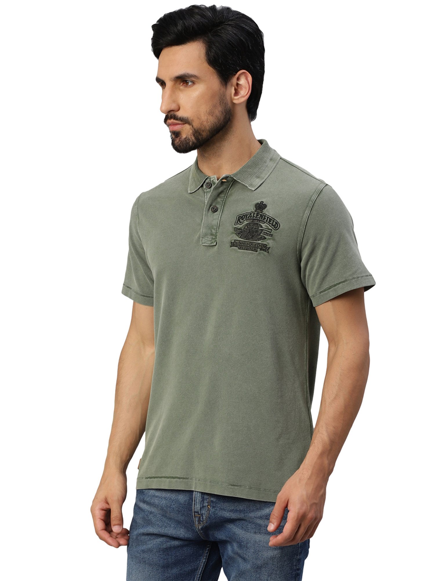 Royal Enfield Vintage Voyage Military Green Regular Fit Printed Polo T-Shirt