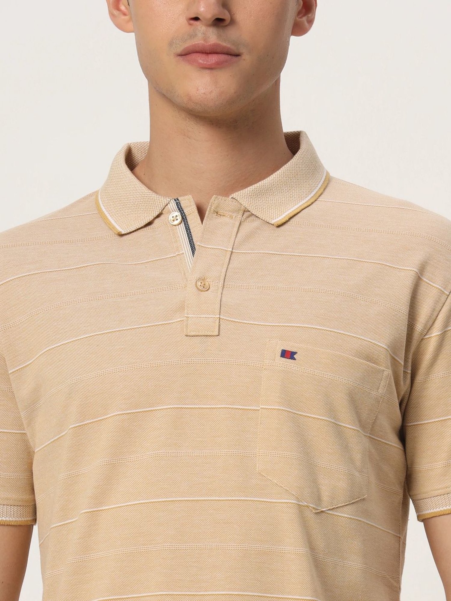 Tab91 Beige Regular Fit Striped Polo T-Shirts