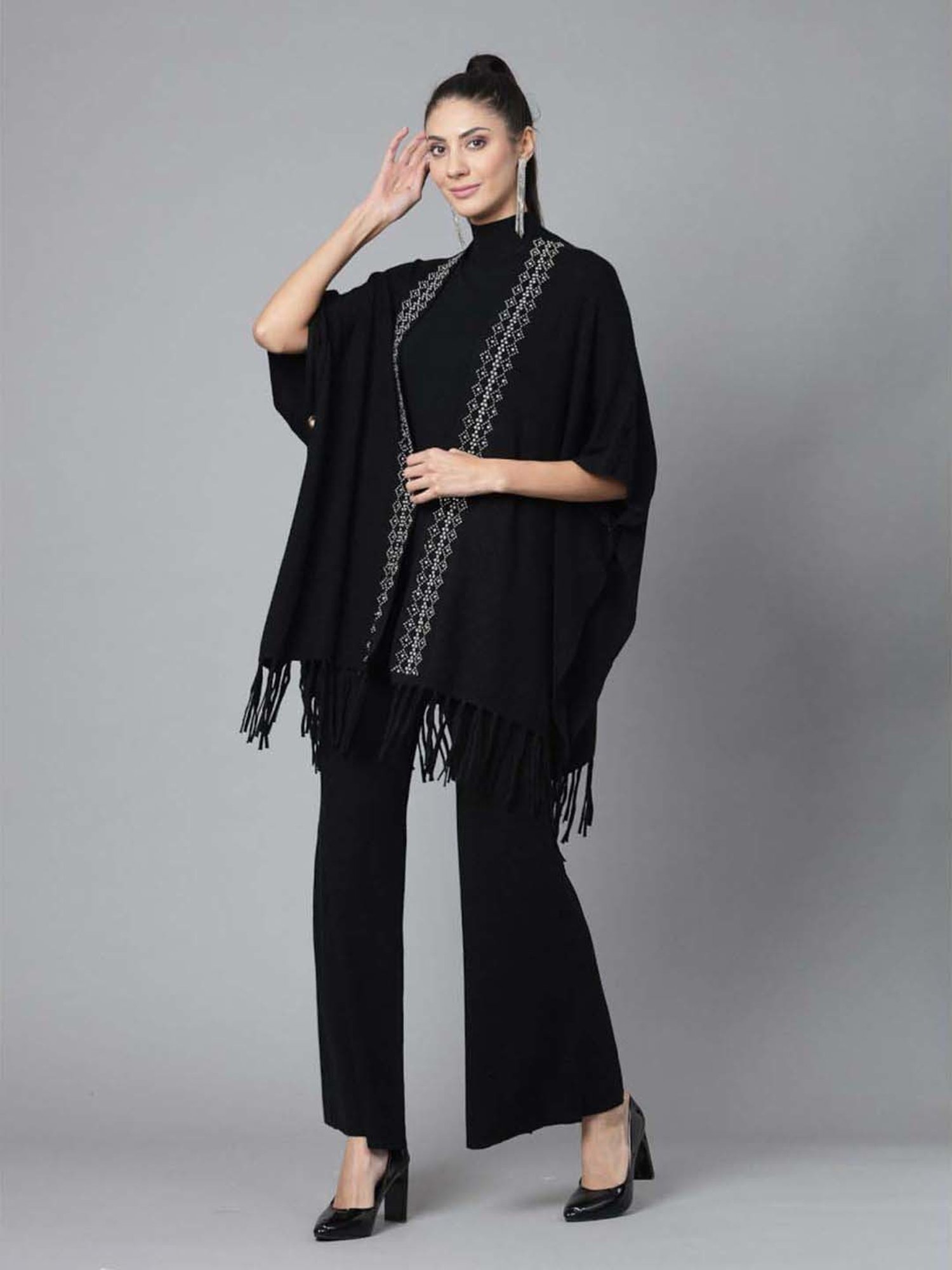 Mafadeny Black Embellished Top Pants Set With Shrug