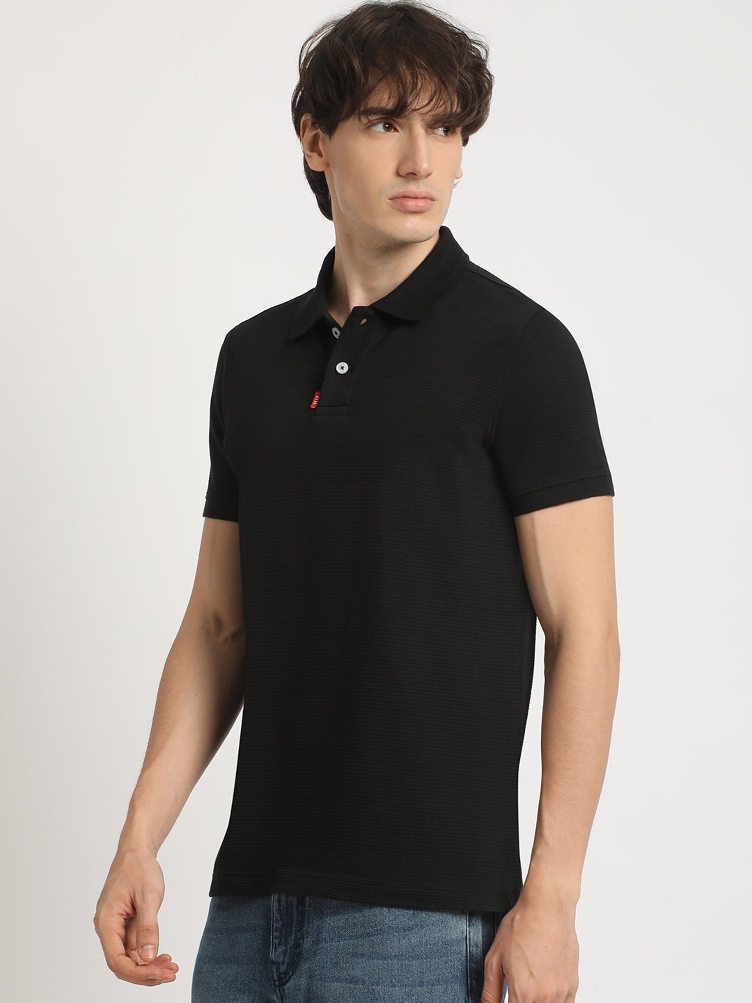 The Bear House Black Cotton Regular Fit Self Pattern Polo T-Shirt