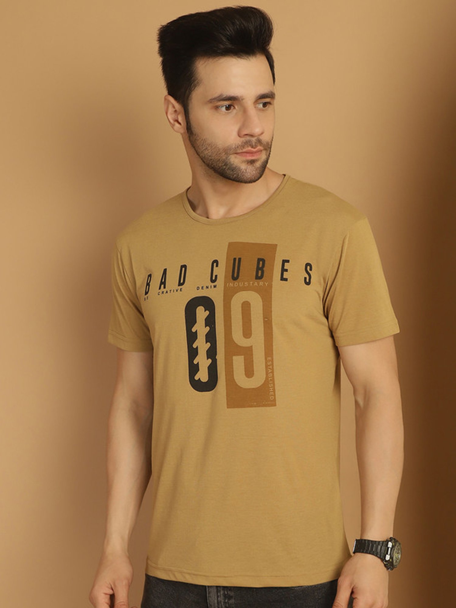 Vimal Jonney Beige Regular Fit Printed Crew T-Shirt