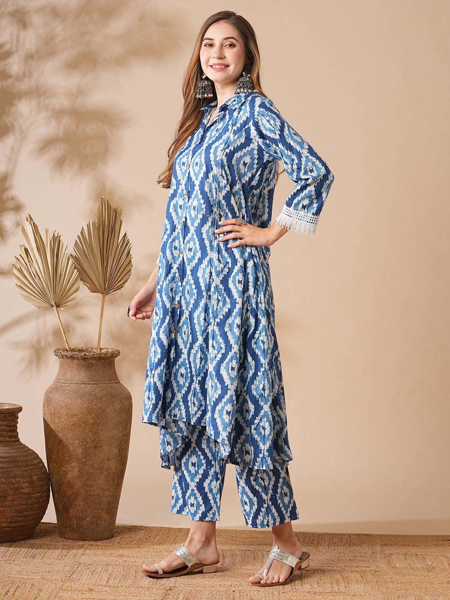 Fashor Blue Cotton Printed Kurta & Pant Set