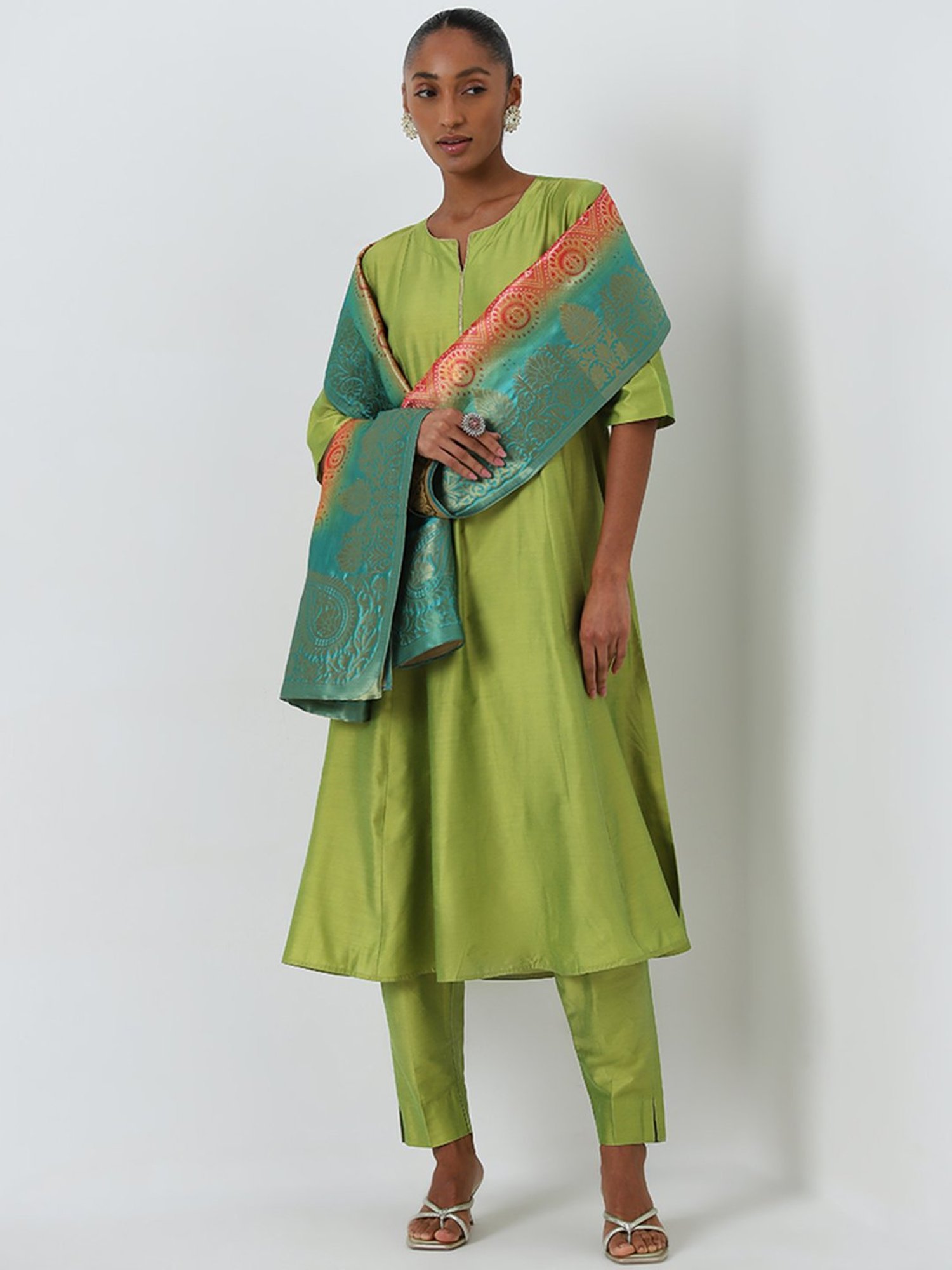 Vark by Westside Lime Kurta, Ethnic Pants and Bandhani Dupatta Set
