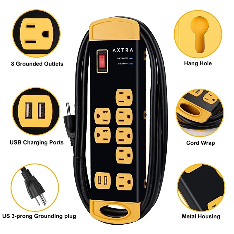 8-Outlet Metal Surge Protector Power Strip with USB Charging Port, 9-Foot Heavy-Duty Extension Cord, 1800 Joules, 15-Amp Circuit Breaker for Home, Office, School, Smartphone, Tablet [ETL Listed]