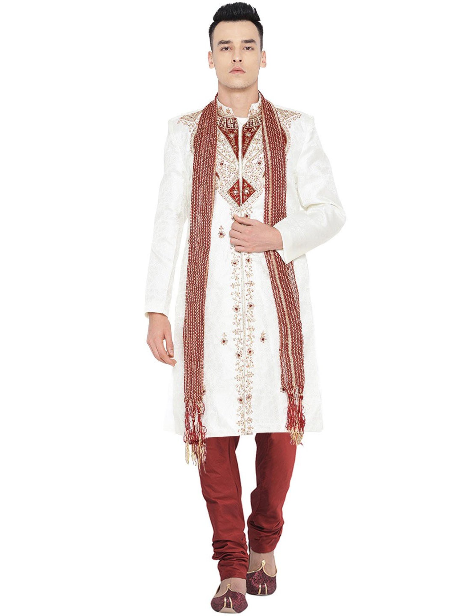 SG LEMAN Off White Regular Fit Embellished Sherwani Set