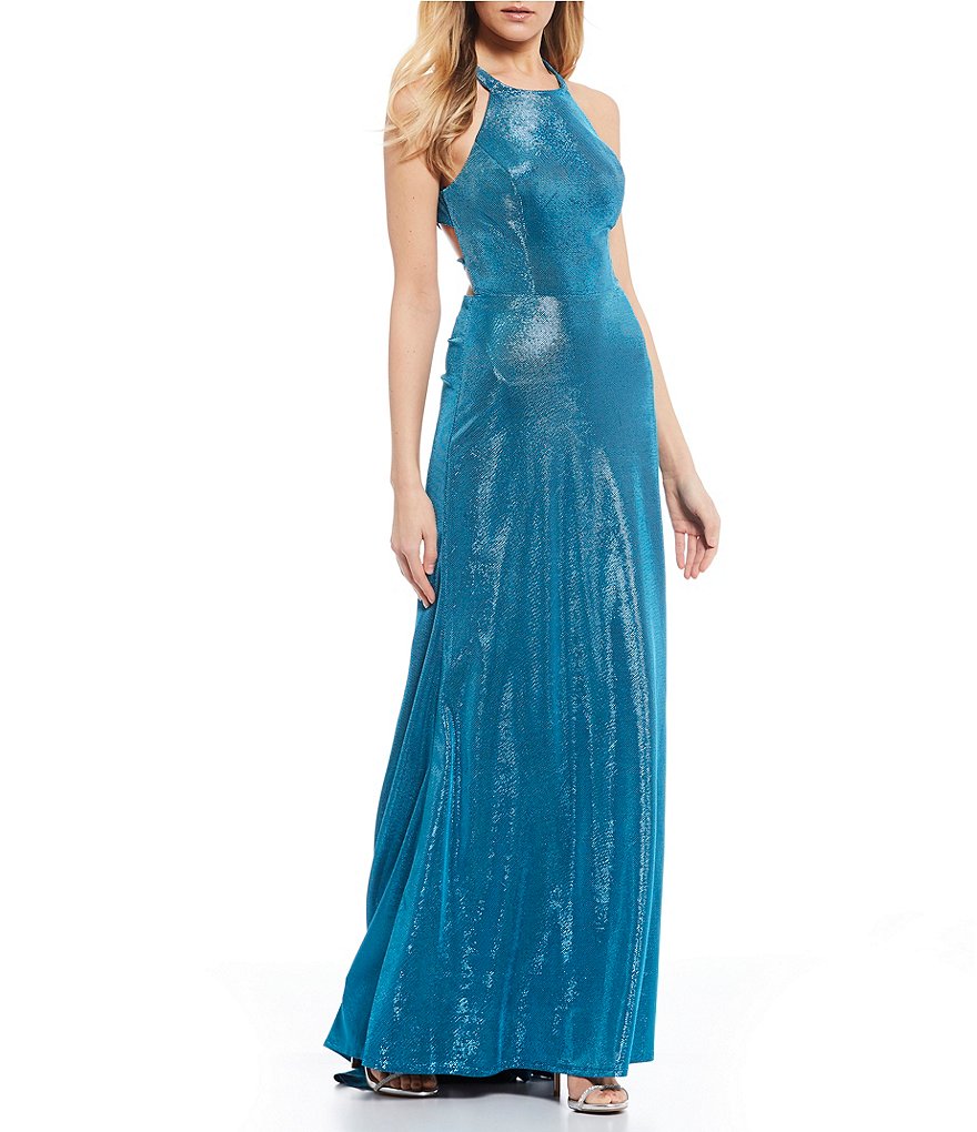 B. Darlin Halter Neck Shimmer Shine Lace-Up-Back Long Dress