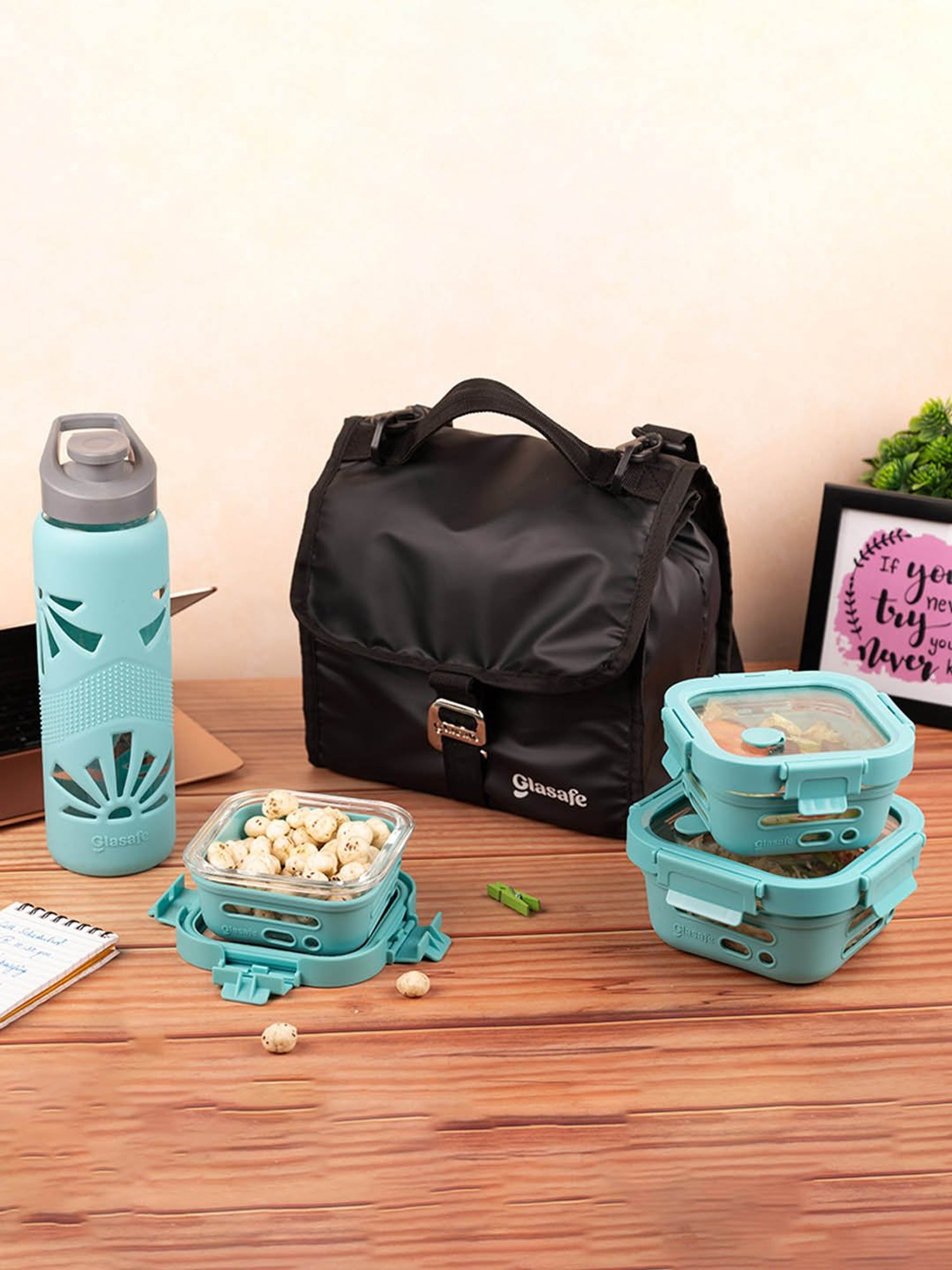 Glasafe Trio Grip Mellow Green Borosilicate Tiffin Combo