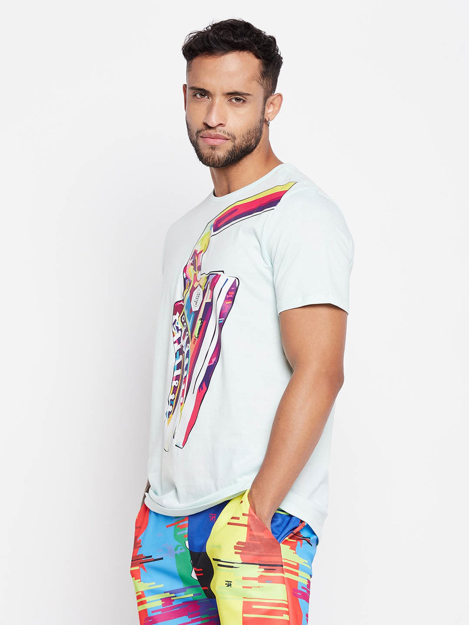 EDRIO Light Blue Regular Fit Printed T-Shirt