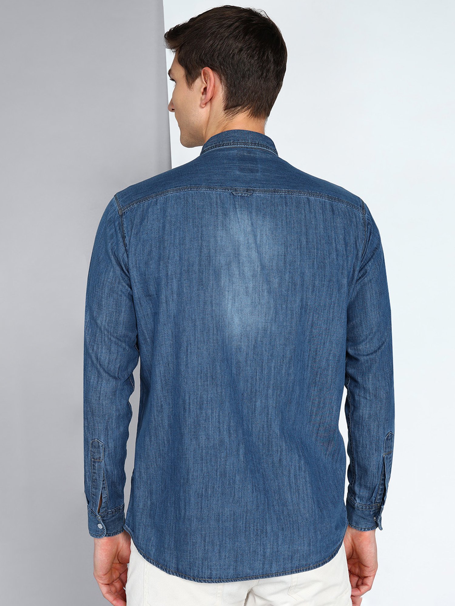 Kuons Avenue Blue Slim Fit Distressed Denim Shirt