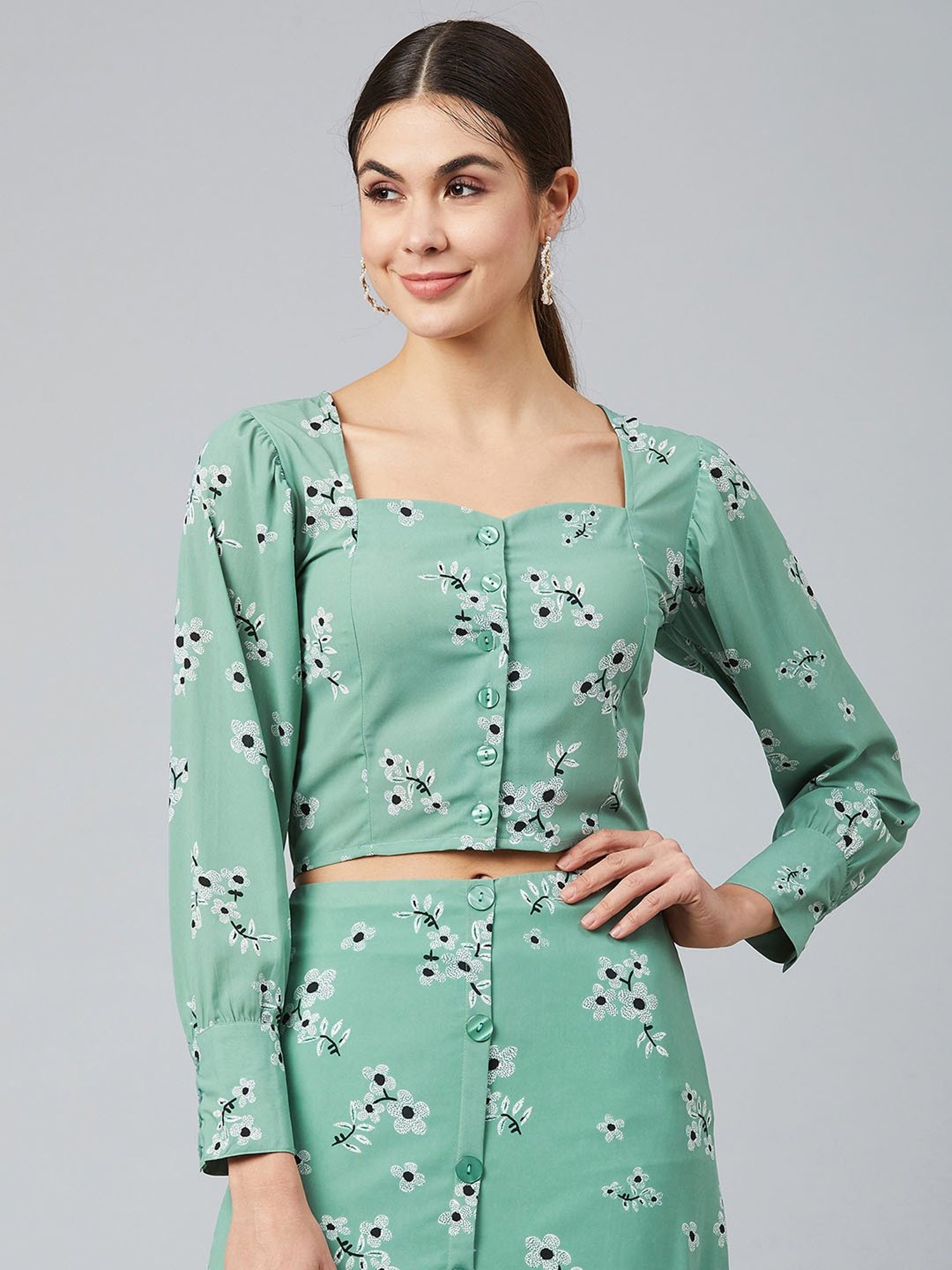Carlton London Green Floral Print Crop Top