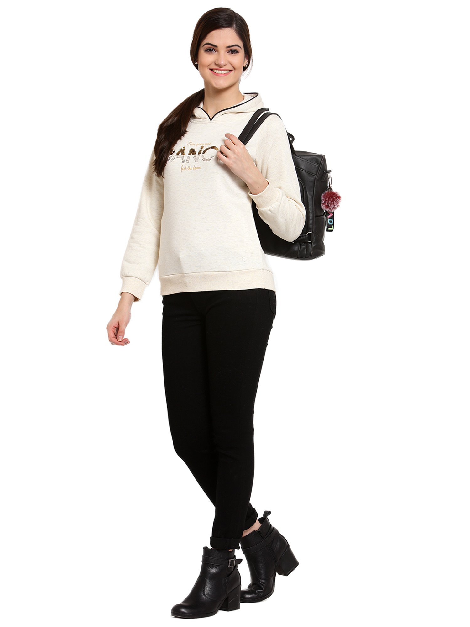 Juelle Beige Embellished Hooded Sweatshirt