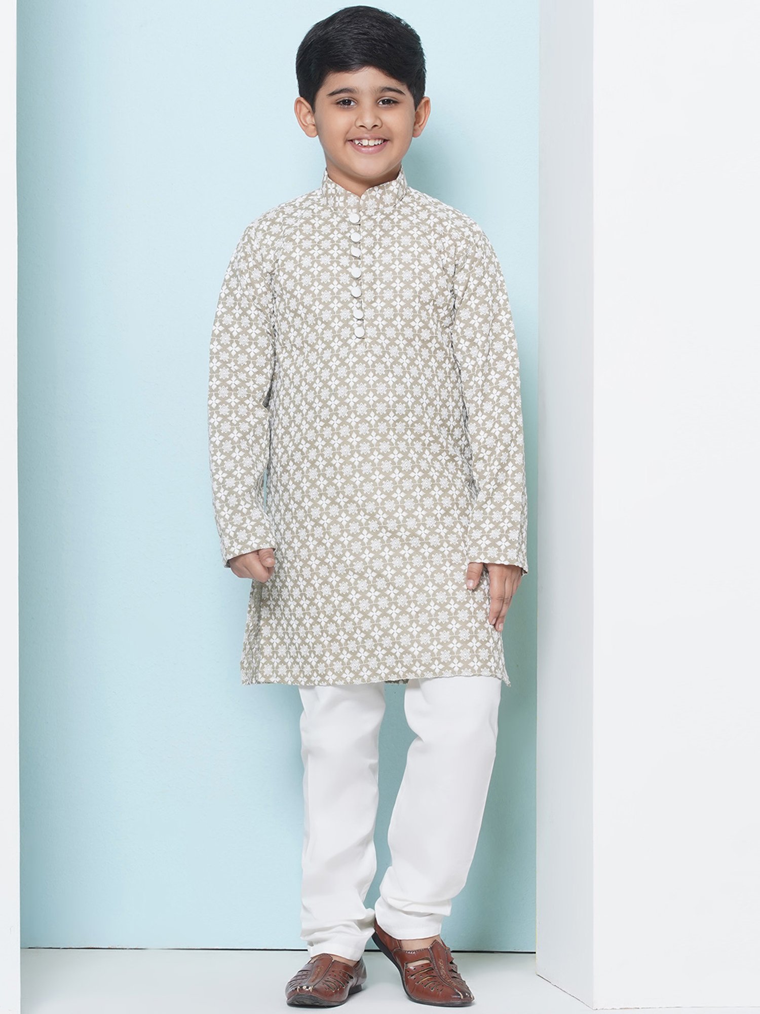 AJ Dezines Kids Light Brown & White Embroidered Full Sleeves Kurta with Pyjamas