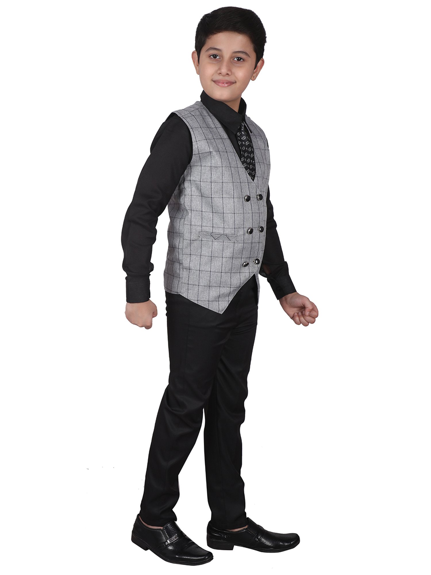 Pro-Ethic Style Developer Kids Grey & Black Checks Full Sleeves Shirt, Waistcoat, Pants with Tie
