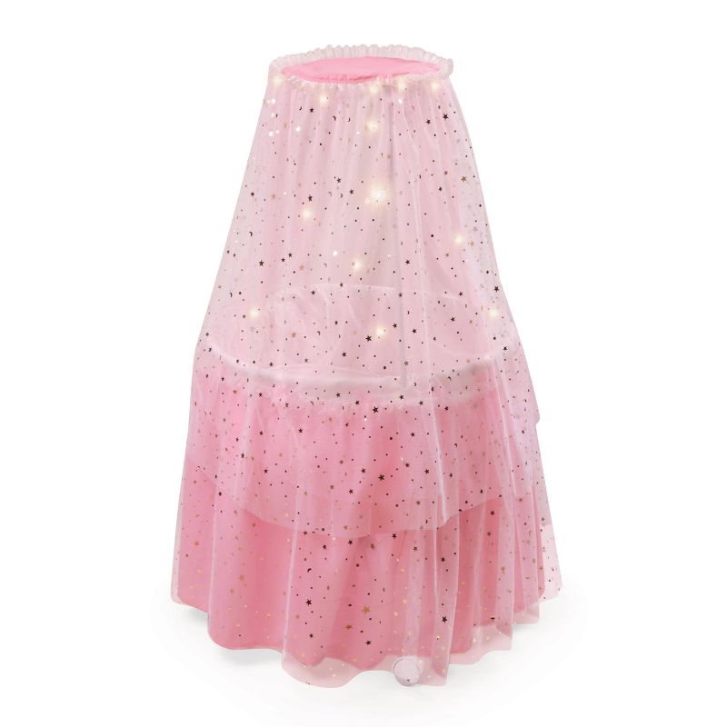 Badger Basket Sweet Dreams Round Doll Bassinet with Canopy and LED Lights - Pink/White/Stars