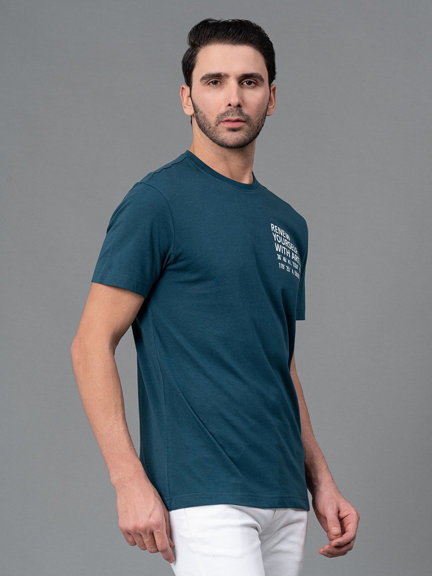 Red Tape Teal Blue Regular Fit Graphic Print Cotton Crew T-Shirt