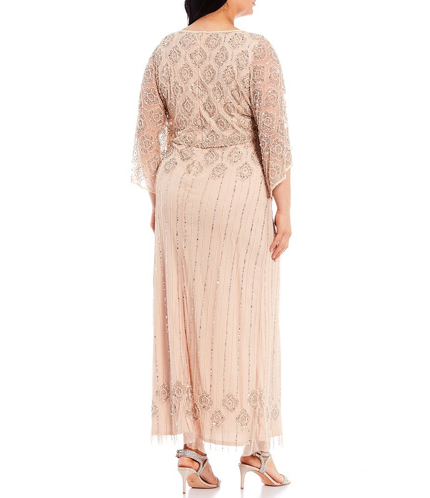 Pisarro Nights Plus Size 3/4 Cold Shoulder Boat Neck Beaded Blouson Gown