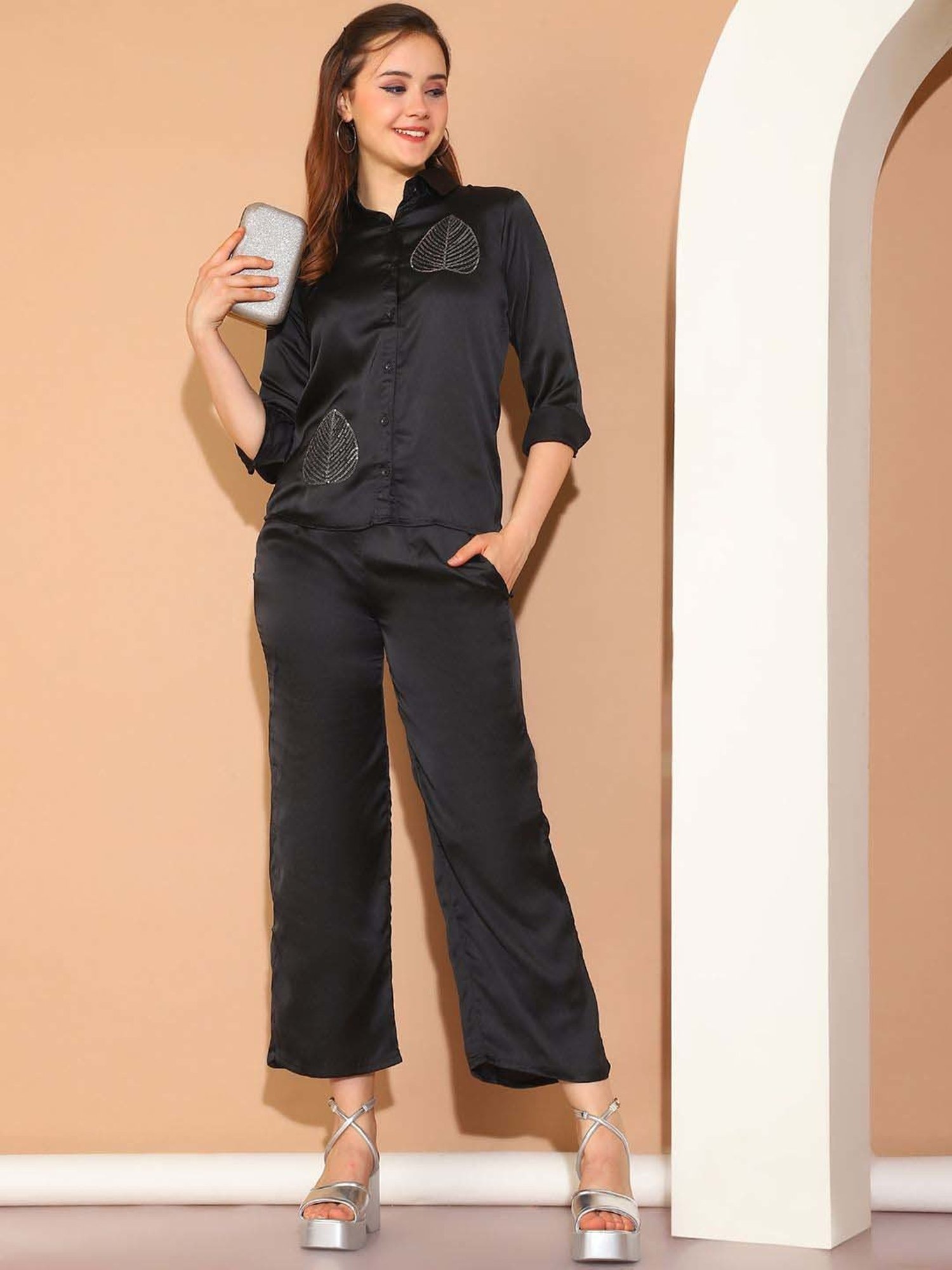 Indian Needle Black Embellished Shirt Pants Set