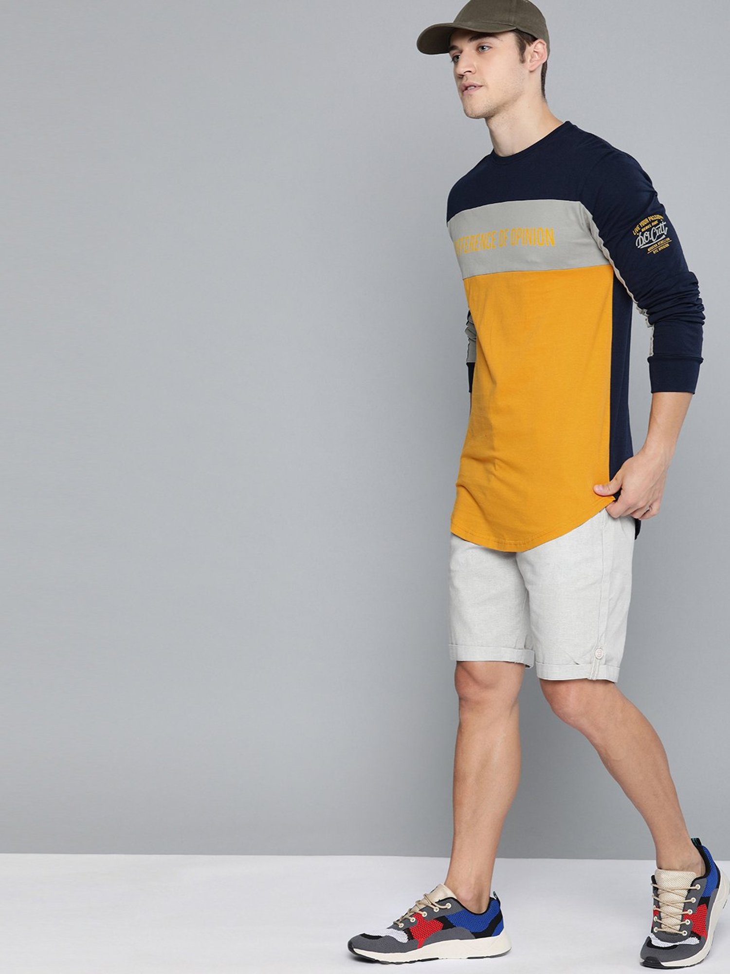 Difference Of Opinion Navy & Yellow Cotton Regular Fit Colour Block T-Shirt