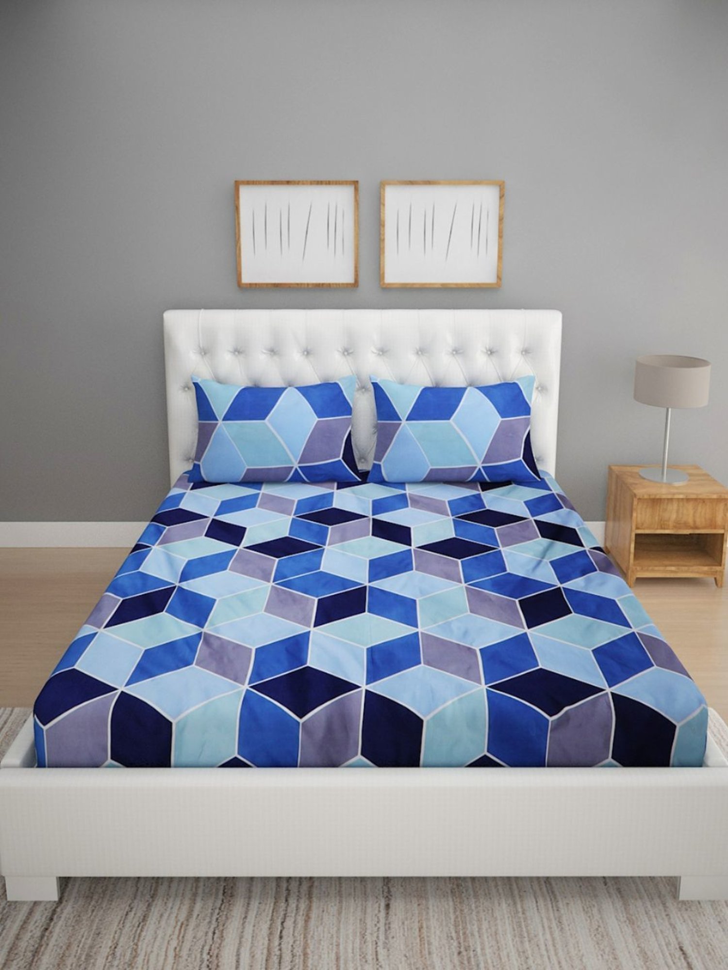 Romee Floral Blue 144 TC Cotton Queen Sized Bed Sheet with 2 Pillow Covers