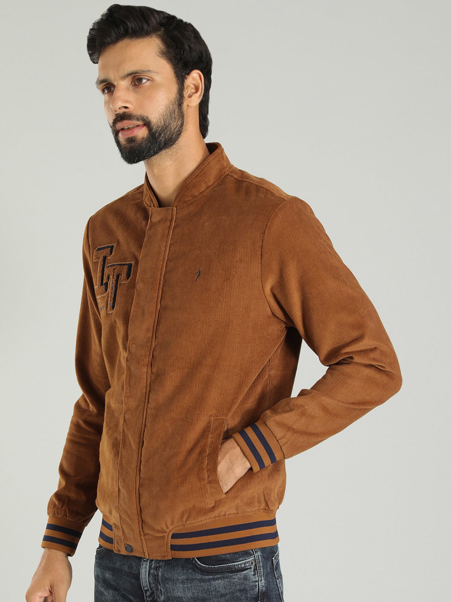 Indian Terrain Brown Regular Fit Embroidered Cotton Bomber Jacket