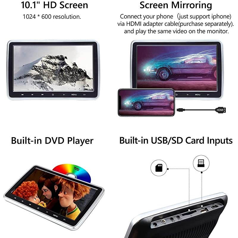 2021 Newest Headrest DVD Player Car DVD Player 10.1'' Dual Car DVD Players with 2 Headphones  C1100A for Kids Support Same/Different Video Playing/AV Out & in HDMI USB SD Port Touch Button-C1100A