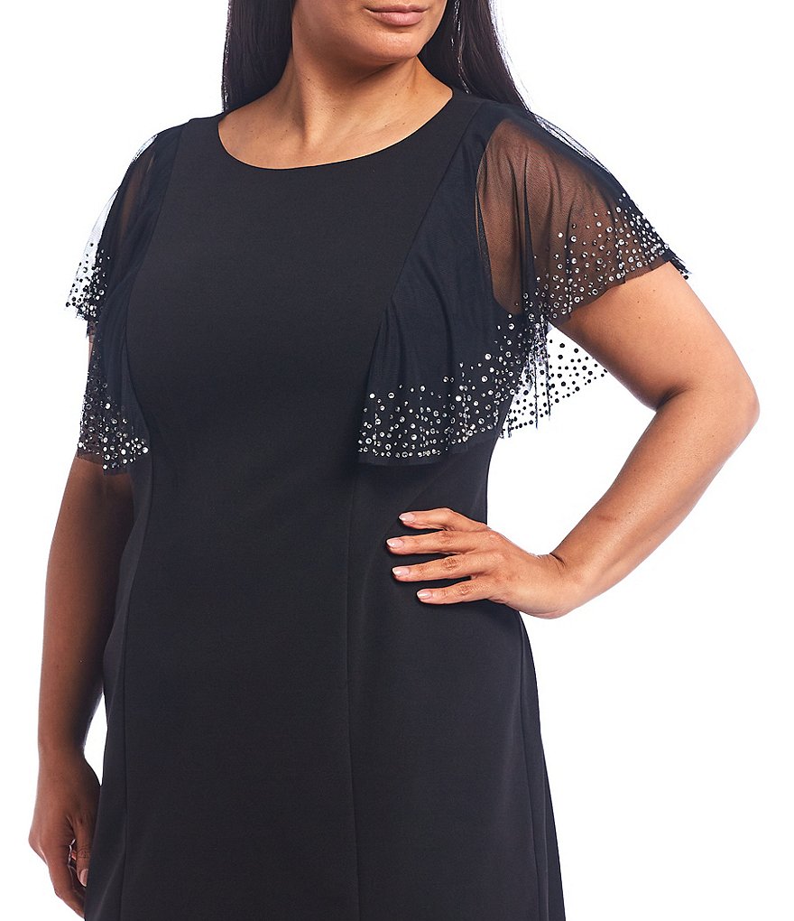 Jkara Plus V-Neck Short Sleeve Beaded Bodice Capelet Gown