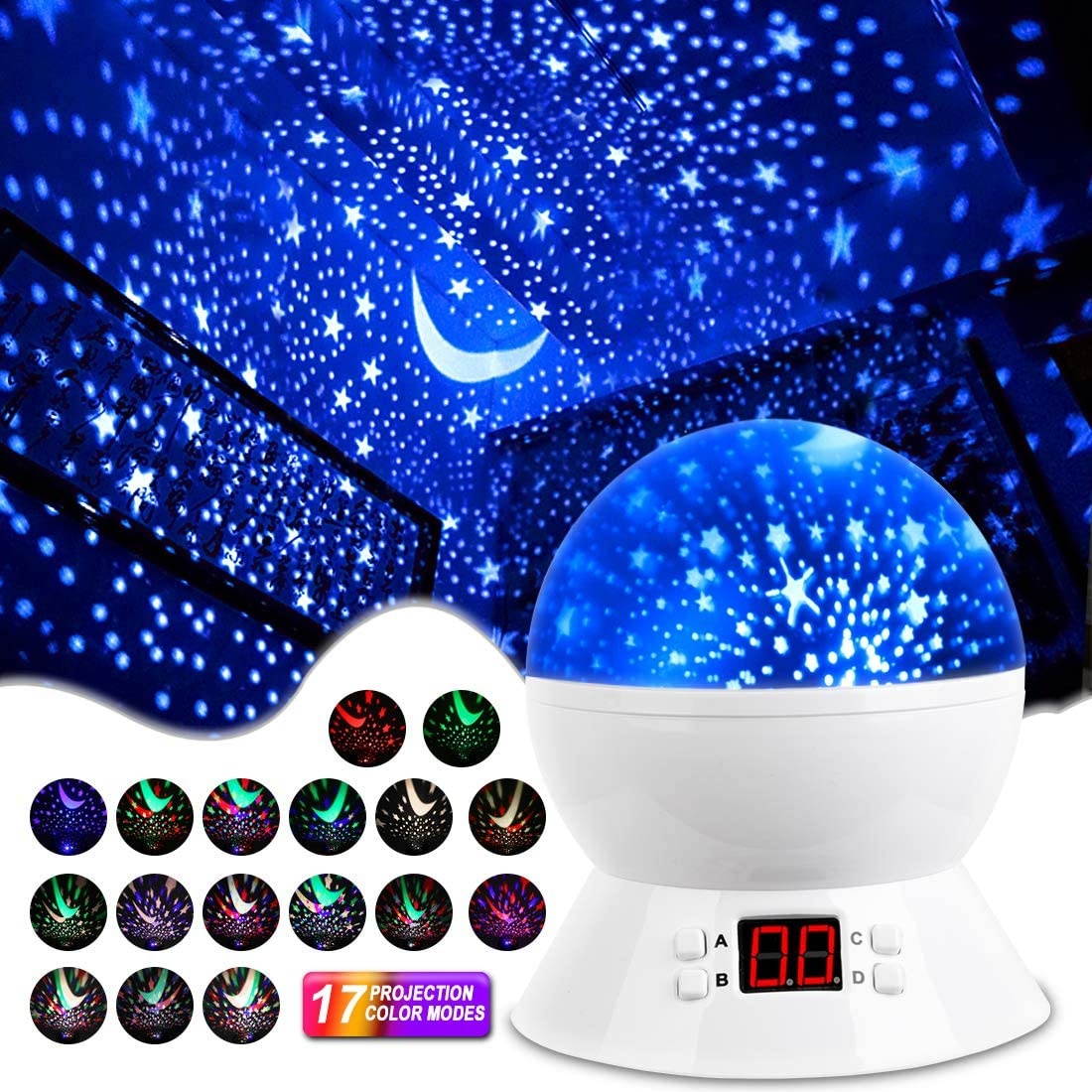 MOKOQI Star Projector Night Lights for Kids with Timer, Gifts for 1-14 Year Old Girl and Boy, Room Lights for Kids Glow in The Dark Stars and Moon can Make Child Sleep Peacefully and Best Gift-White