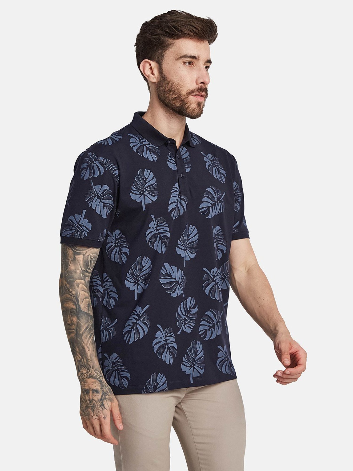 Octave Light Navy Cotton Regular Fit Floral Print Polo T-Shirt