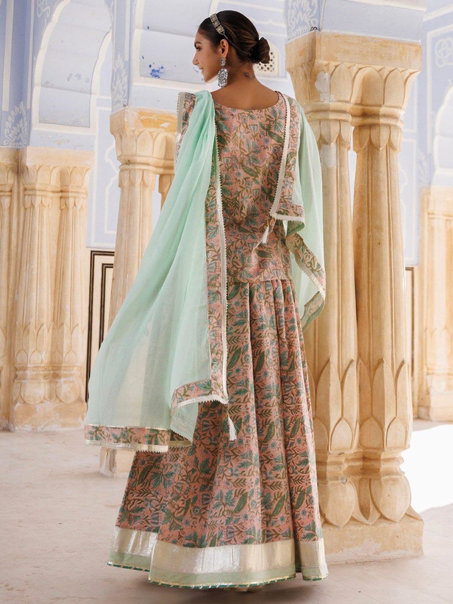 Geroo Jaipur Peach-Green Pure Cotton Hand Block Printed Skirt Set