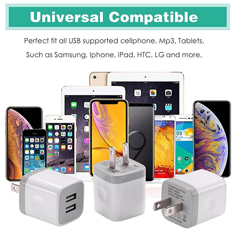 USB Wall Charger  3Pack 21A5V Dual Port USB Plug Power Adapter Charging Block Cube Compatible with iPhone 11 Pro Max XRXSX 876 Plus Samsung Moto Kindle Android Phone White