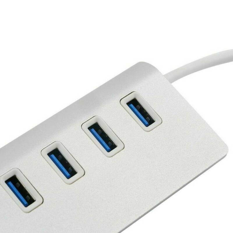 Silver Aluminum 4 Port USB 3.0 Hub up to 5Gbps Super High Speed Data Transfer for MacBook Air, Mac Mini, iMac, Laptop, PC, USB Flash Drives and More