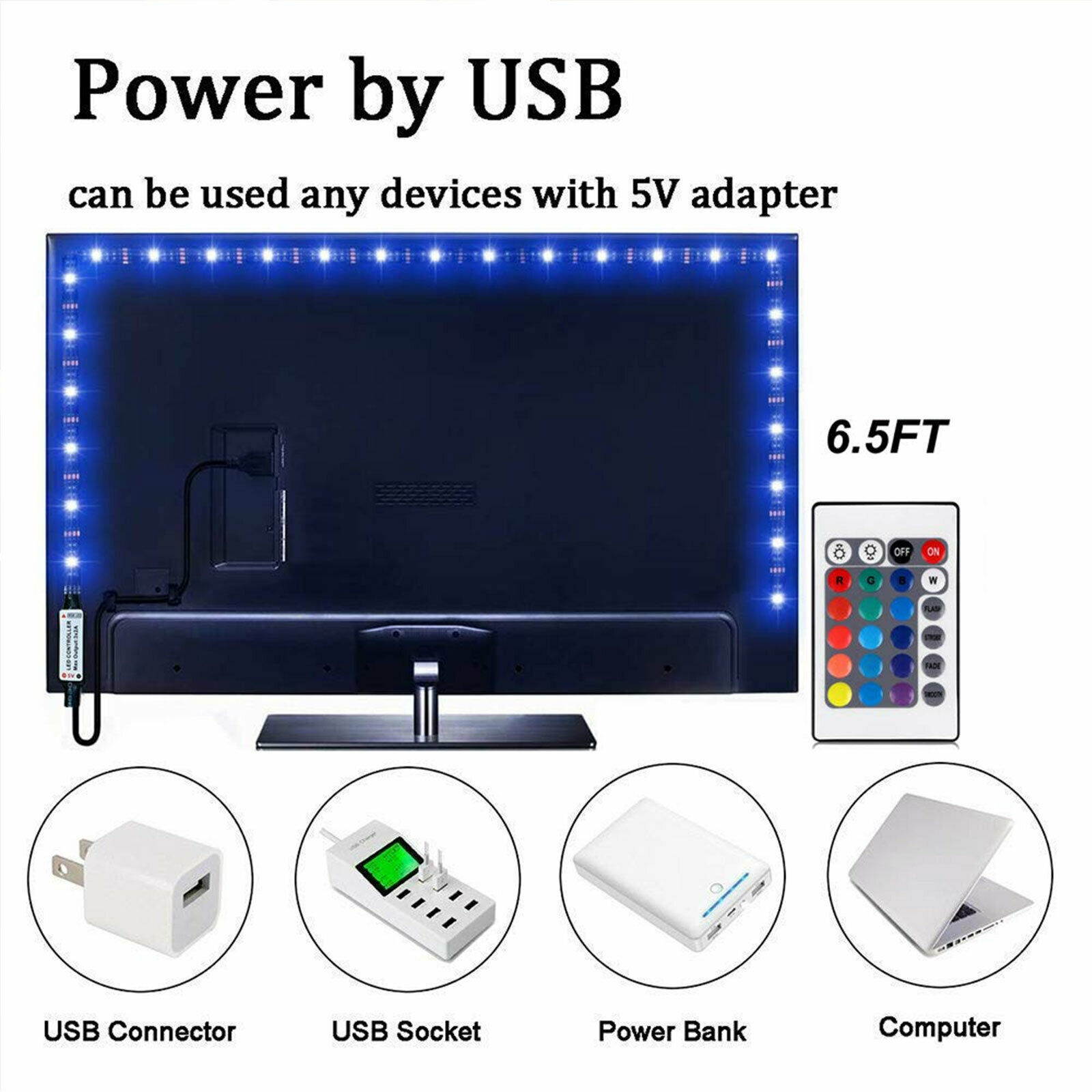 5V USB LED Strip Lights TV Back Light 5050 RGB Colour Changing with 24Key Remote