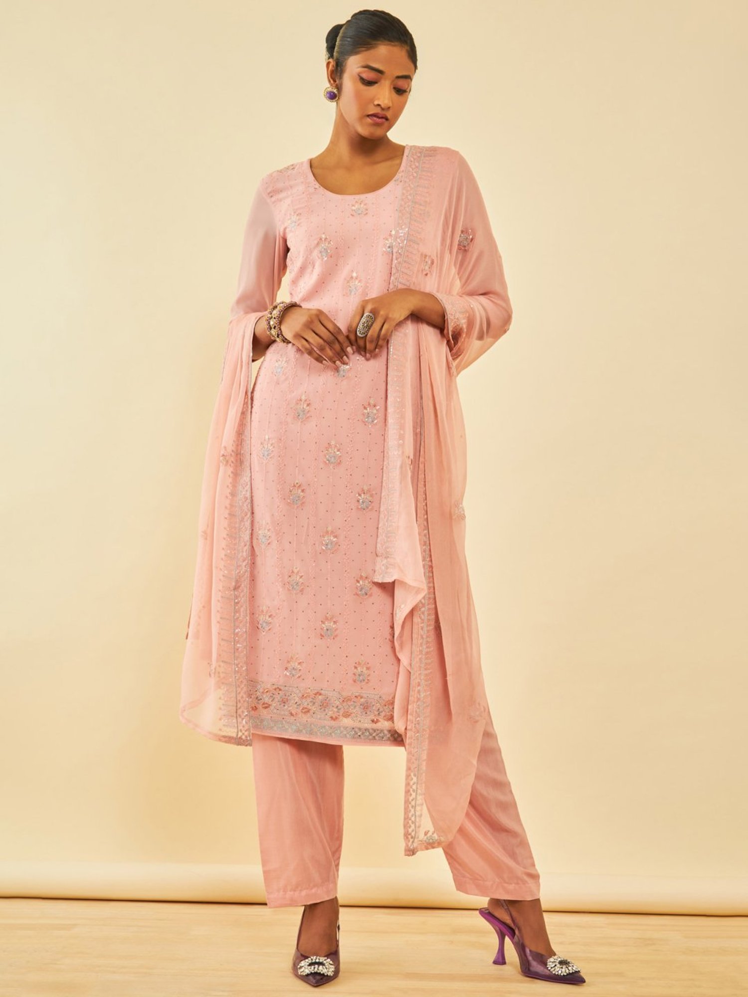 Soch Peach Georgette Embroidered Unstitch Dress Material With Stones