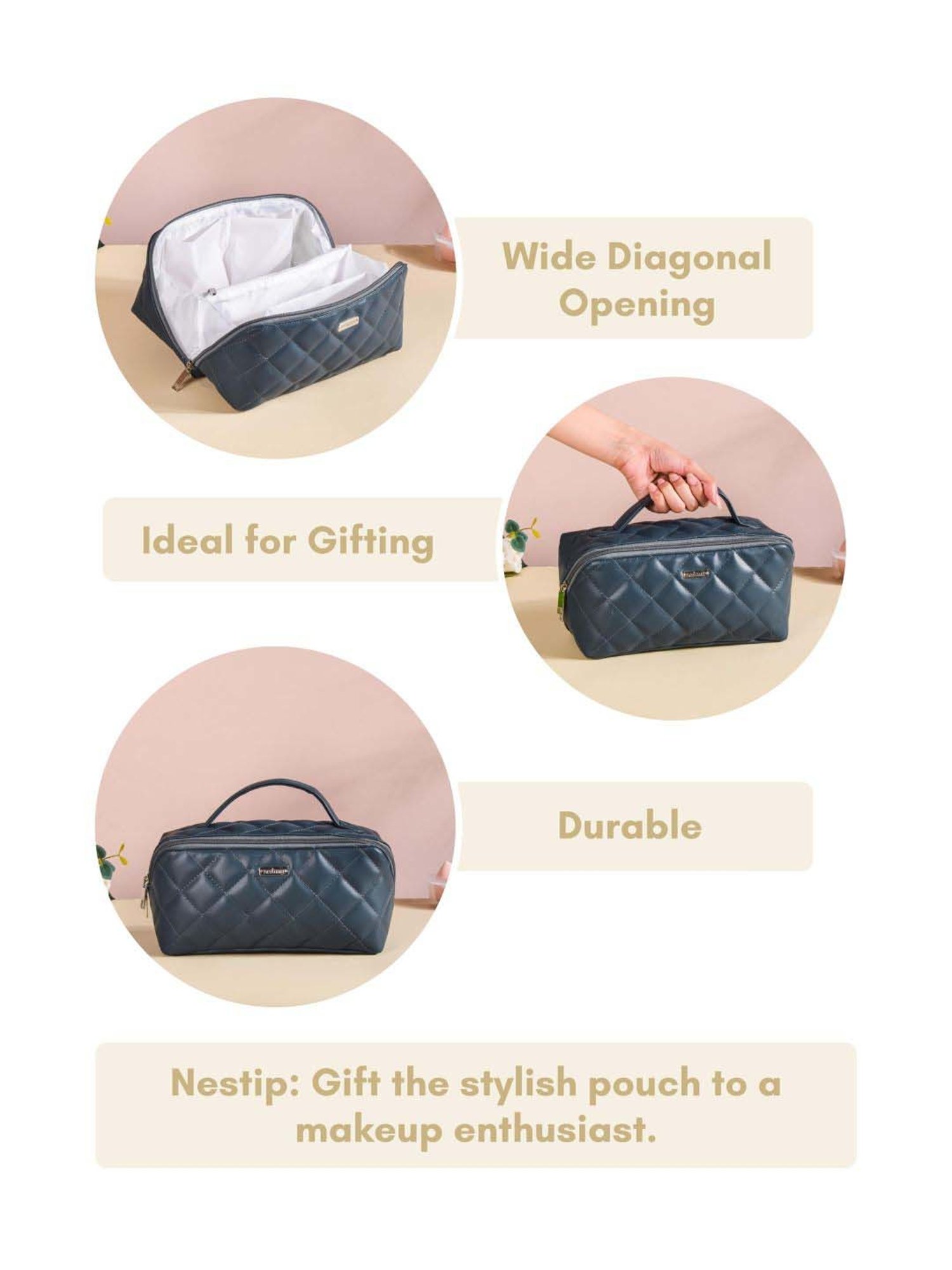 Nestasia Quilted Vegan Leather Blue Color Diagonal Zipper Cosmetic Bag with Multiple Pockets