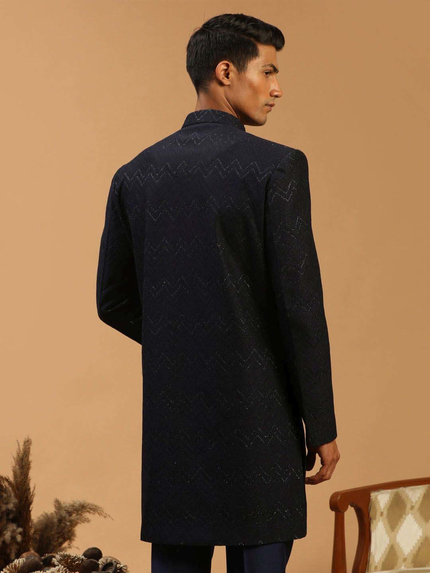 Vastramay Navy Regular Fit Embellished Sherwani Jacket