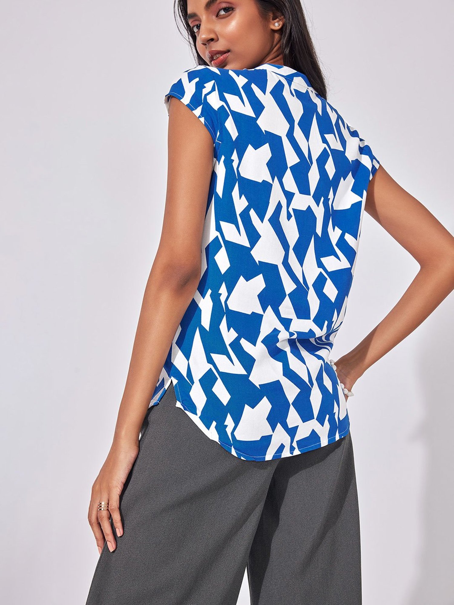 The Label Life White & Blue Printed Top