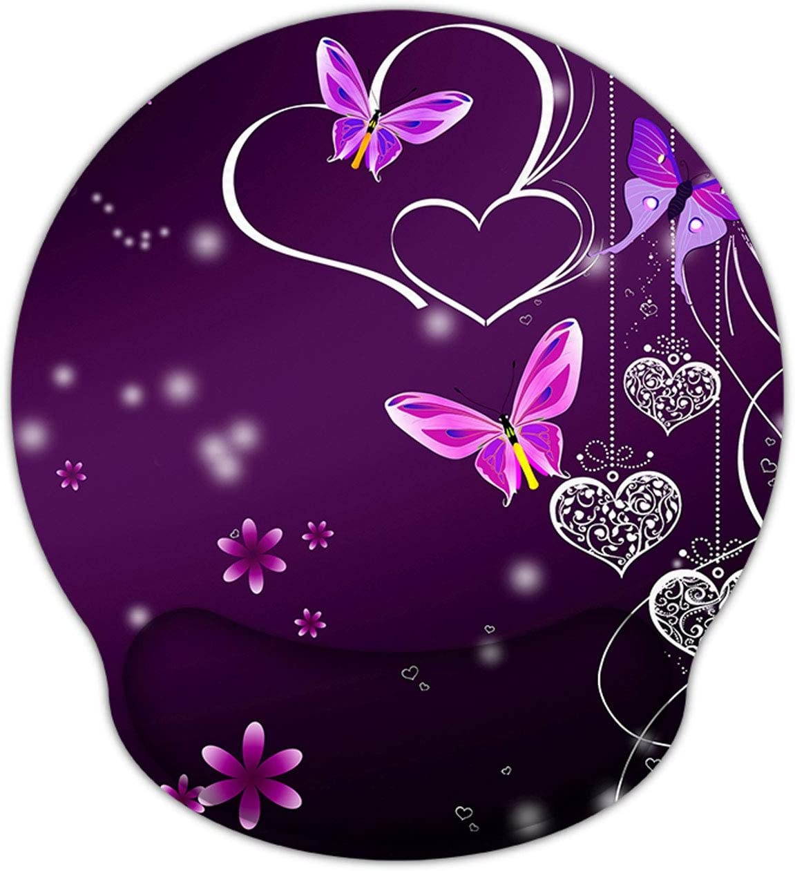 Meffort Inc Mouse Pad with Wrist Rest Support & Non-Slip Base, Durable Ergonomic Gaming Mousepad - Purple Hearts Butterflies
