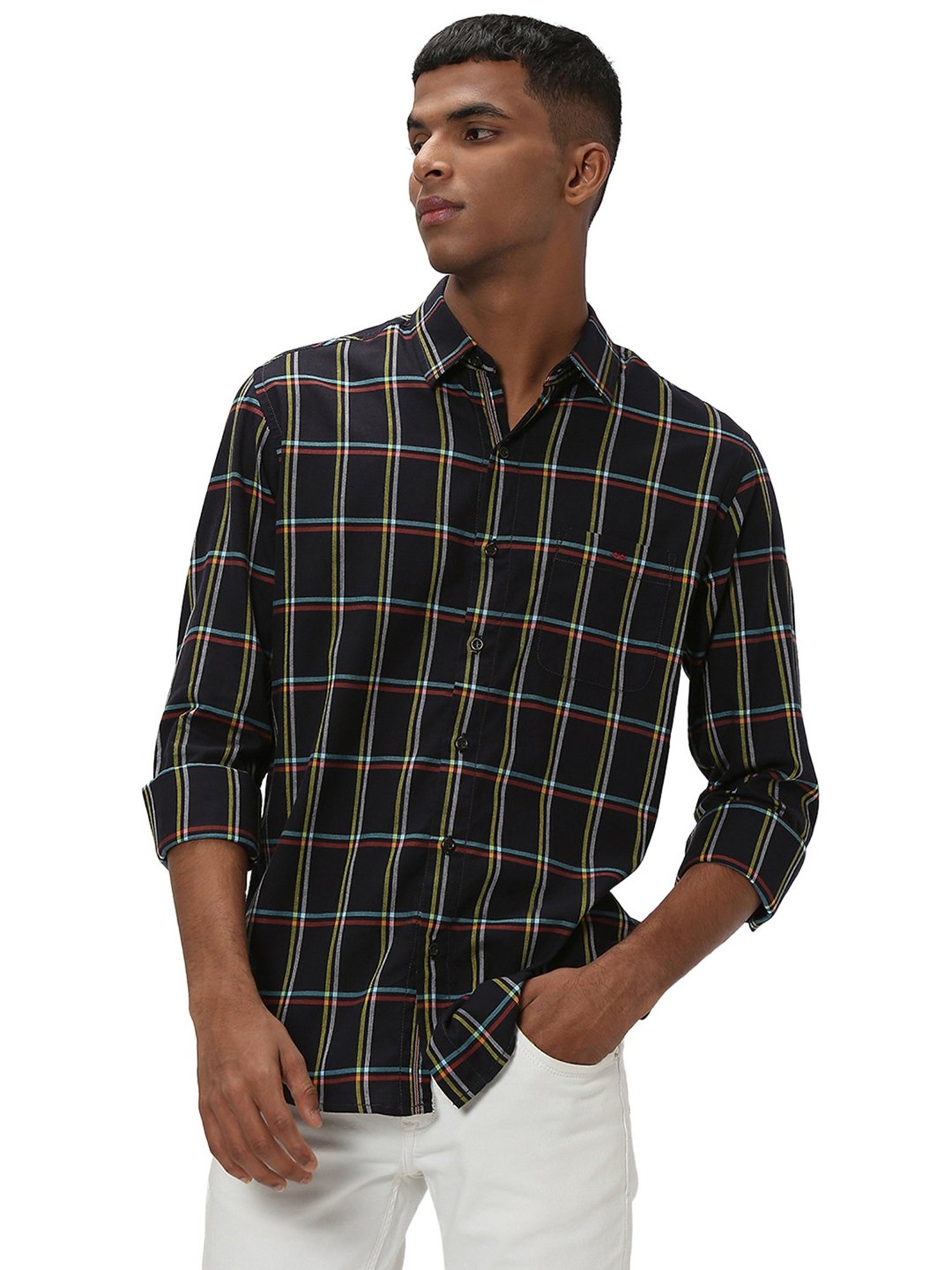 Mufti Black Slim Fit Check Cotton Shirt