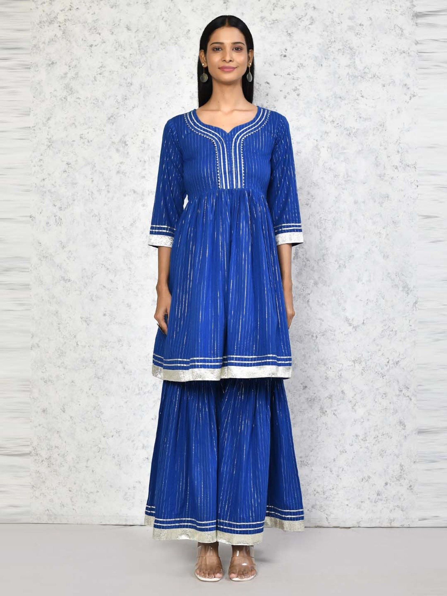 Miravan Blue Cotton Striped Kurta Sharara Set