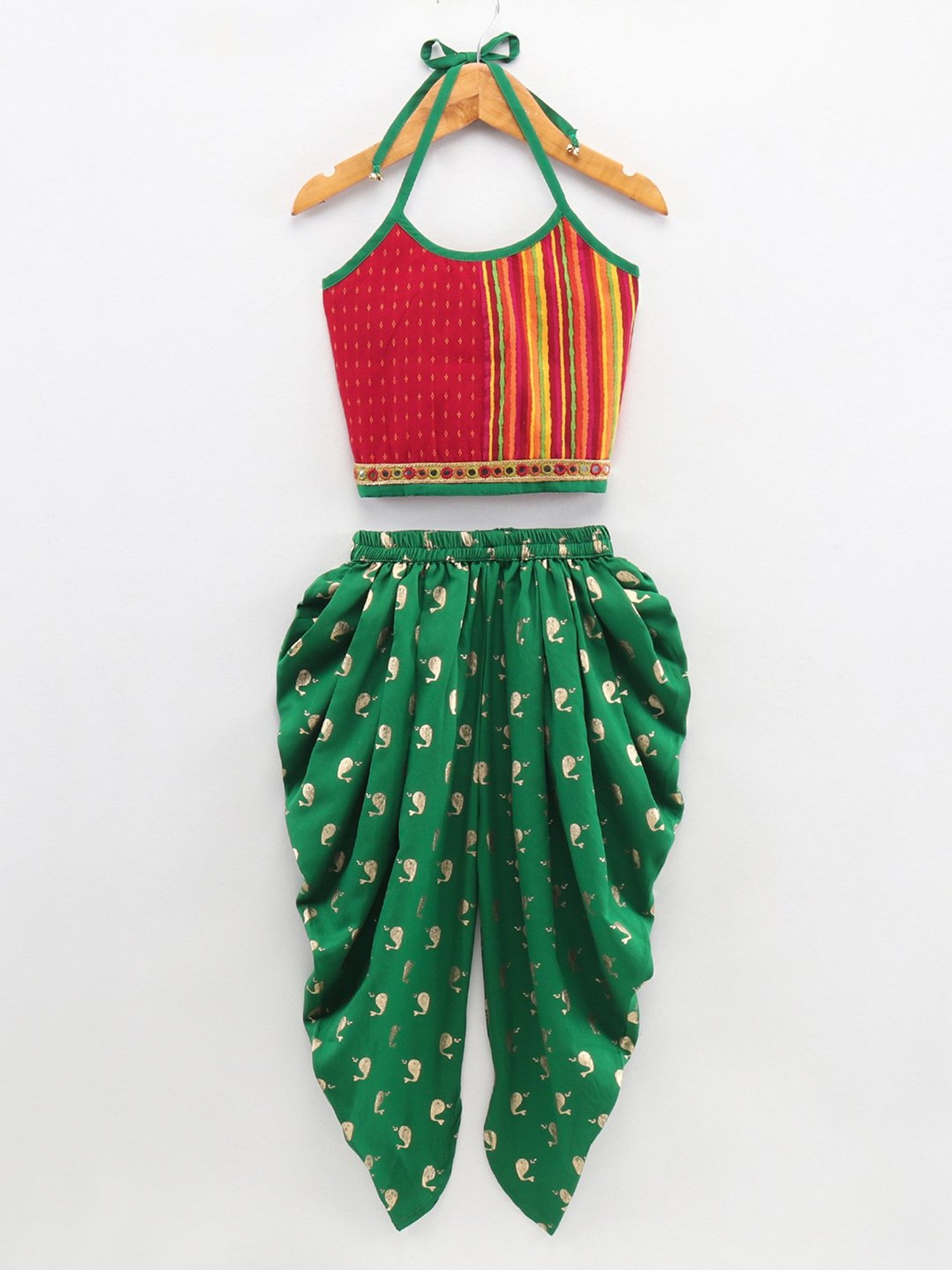 TWISHA Kids Red & Green Embroidered Top with Dhoti