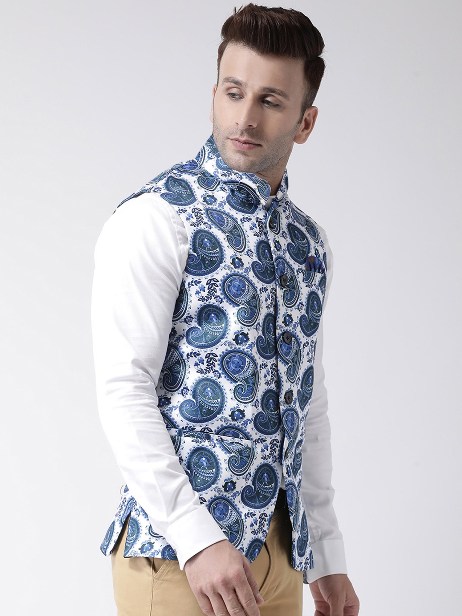 Hangup Plus White Regular Fit Printed Nehru Jacket
