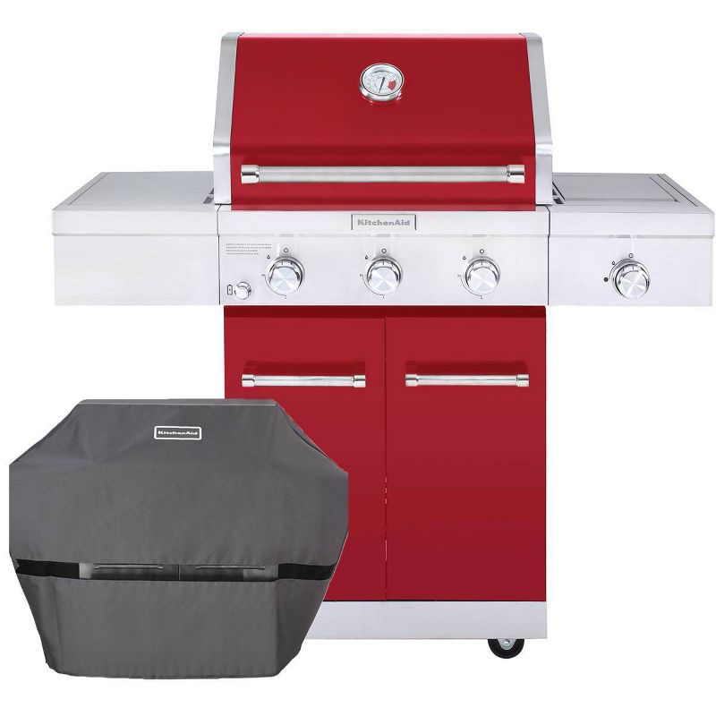 KitchenAid 3-Burner Gas Grill with with Side Burner and Grill Cover 720-0953DCO - Red