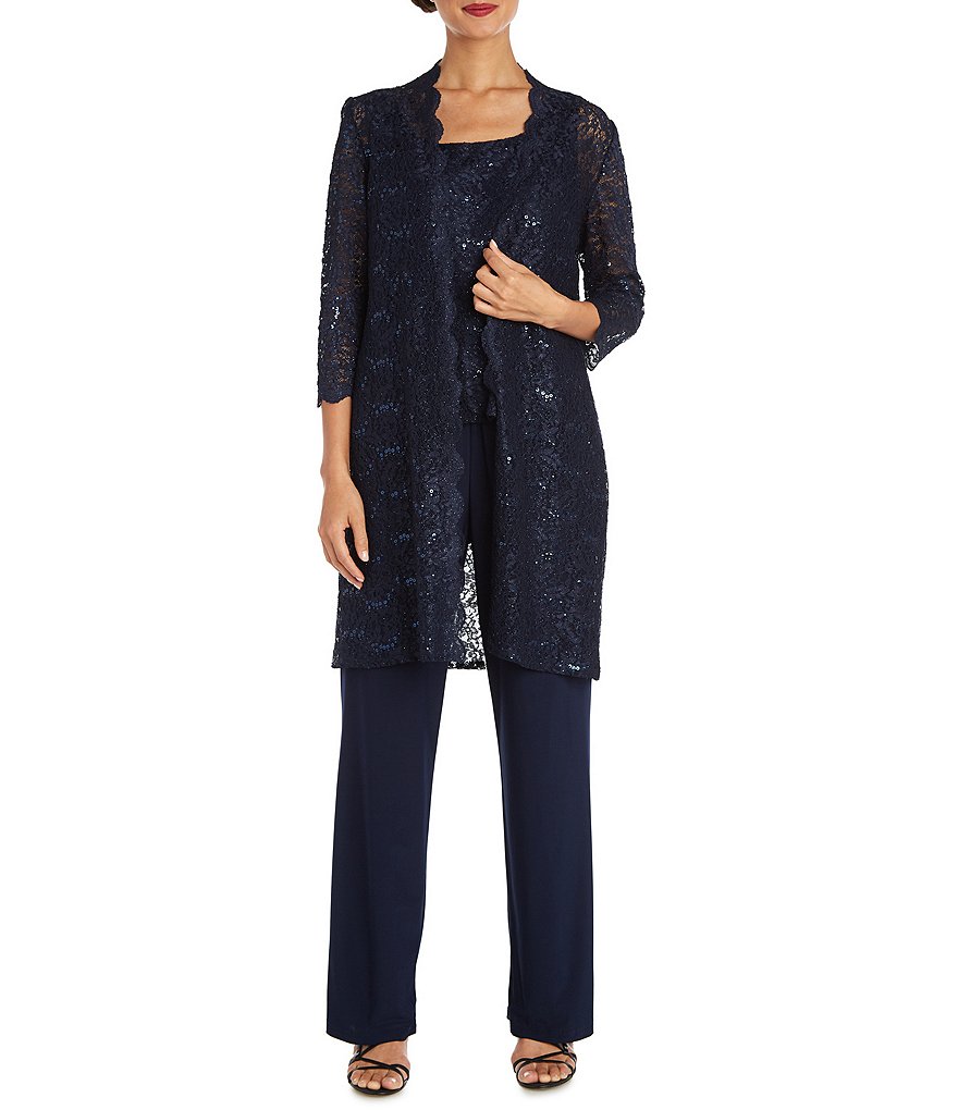 R & M Richards 3-Piece Sequin Glitter Scallop Lace Duster Pant Set