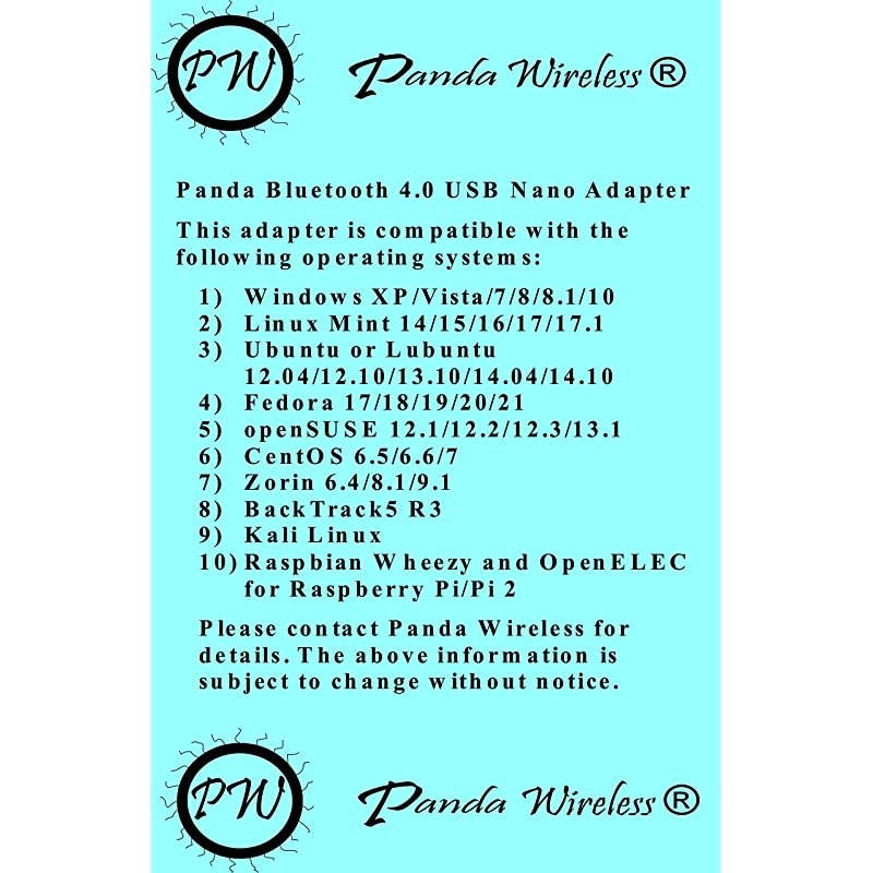 Bluetooth 40 USB Nano Adapter Windows XPVista788110 Mint Ubuntu Fedora openSUSE Lubuntu Zorin BackTrack5 R3 Kali Linux Raspbrian Wheezy and OpenELEC