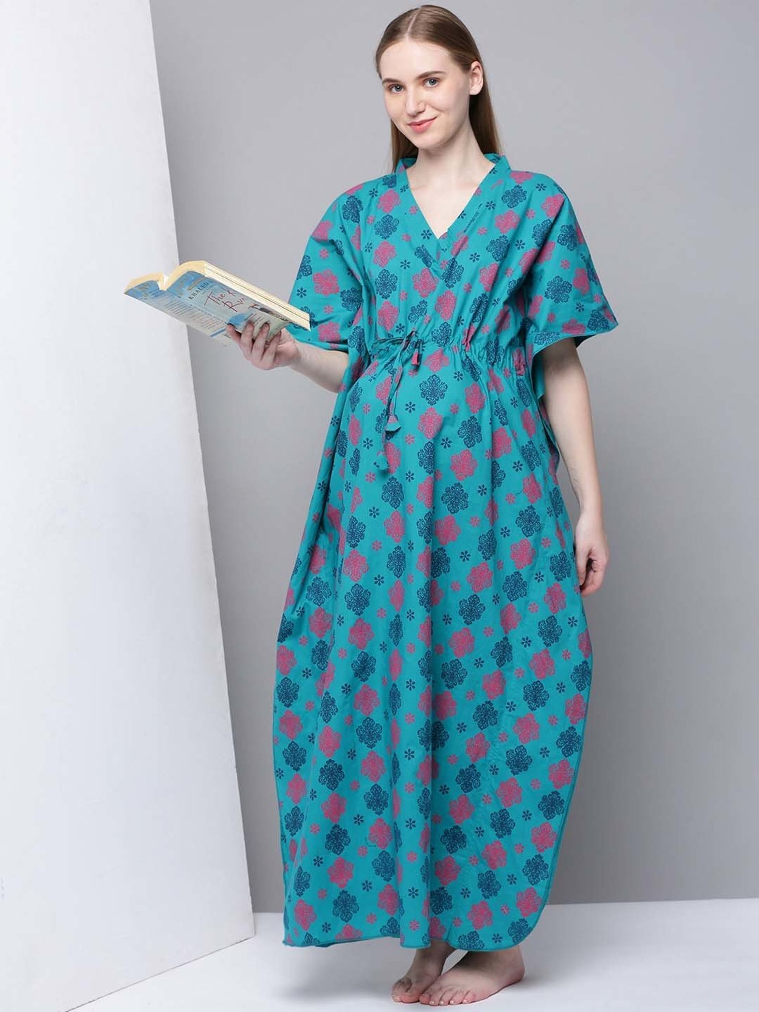Kryptic Blue Cotton Printed Maternity Nightdress