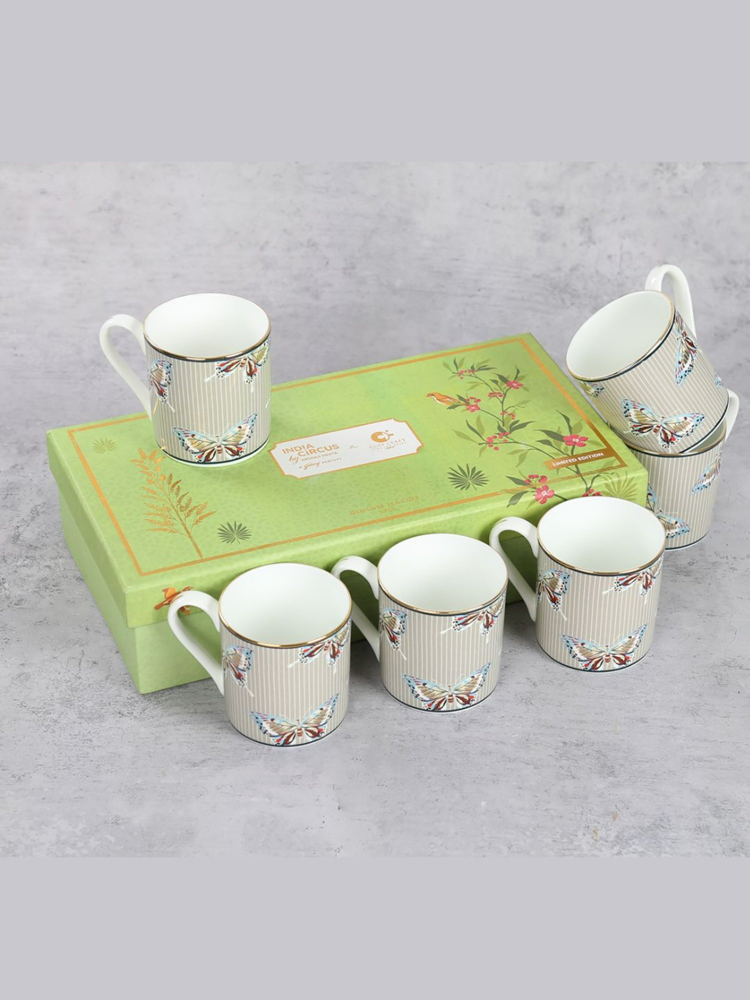 India Circus Abstract White Bone China Coffee Mug Set of 6, 220 ml With Accented and 22 Carat Gold