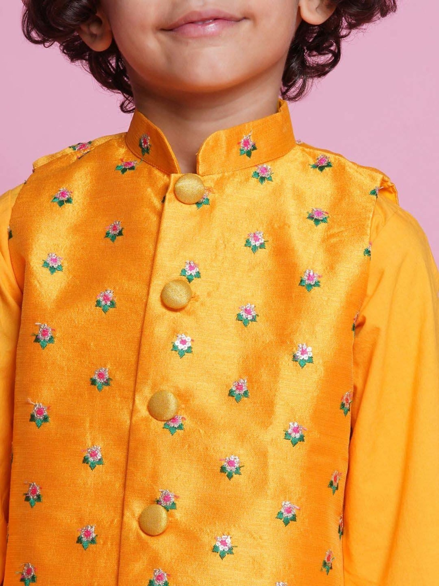 Little Bansi Boys Yellow Cotton Self Full Sleeves Kurta Set