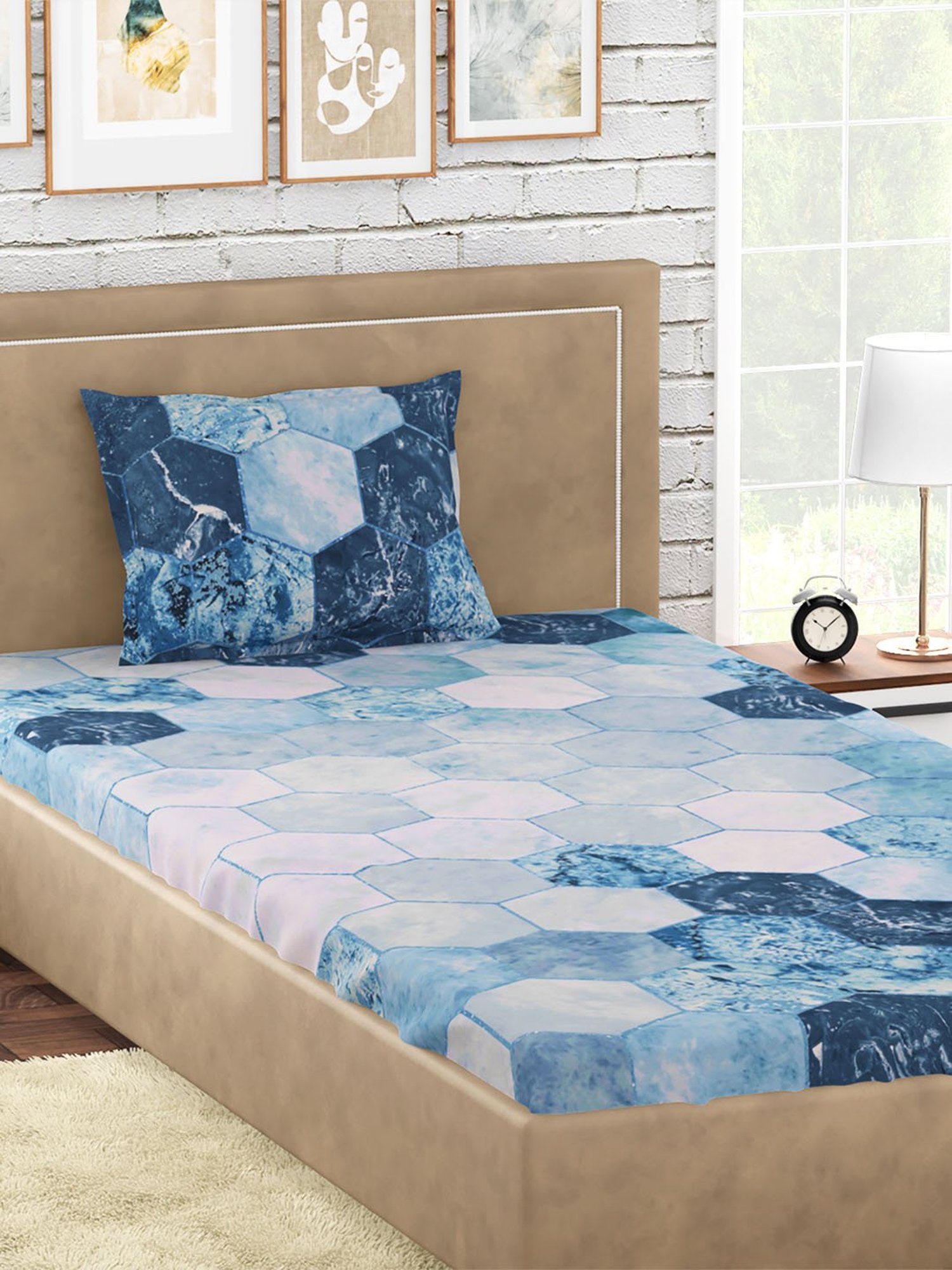 Petal Home Hexagon Geometric Blue 300 TC Cotton Single Bed Sheet with 1 Pillow Cover